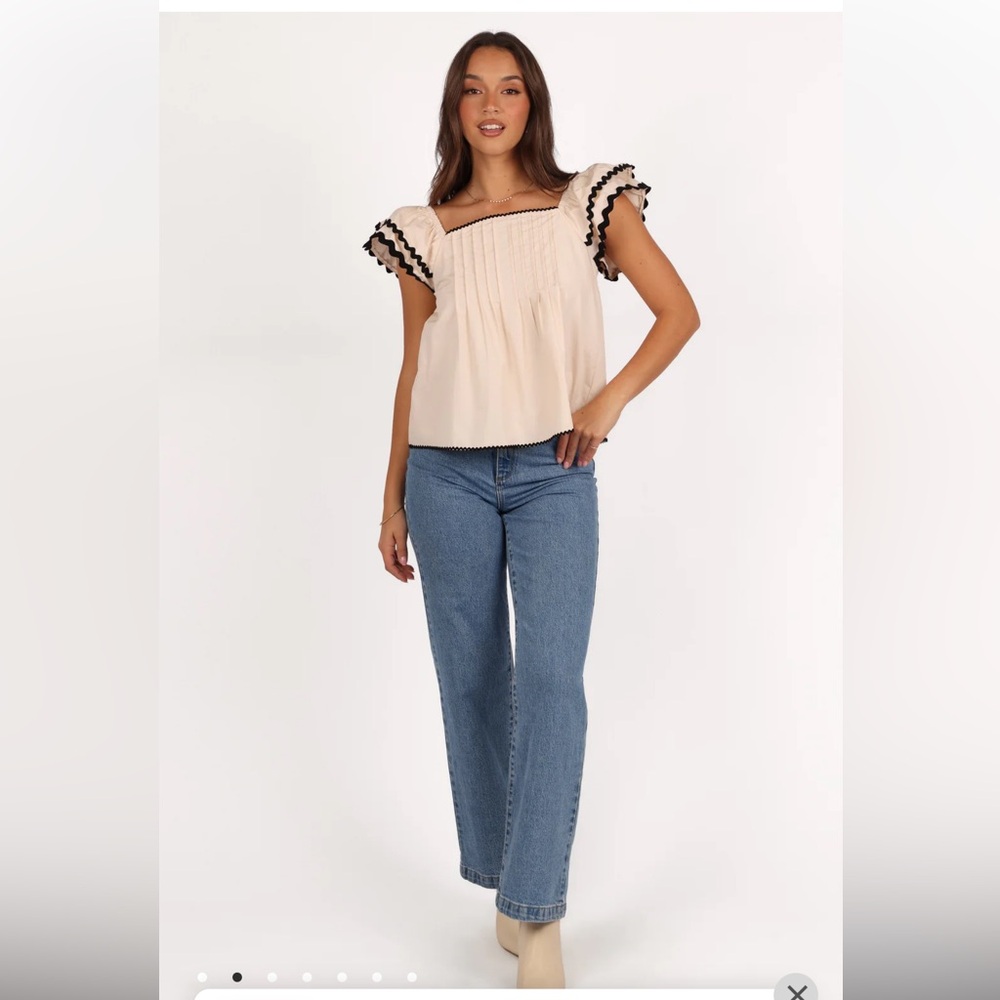 Petal & Pup Cream Flutter Sleeve Square Neck Blouse with Black Trim NWT